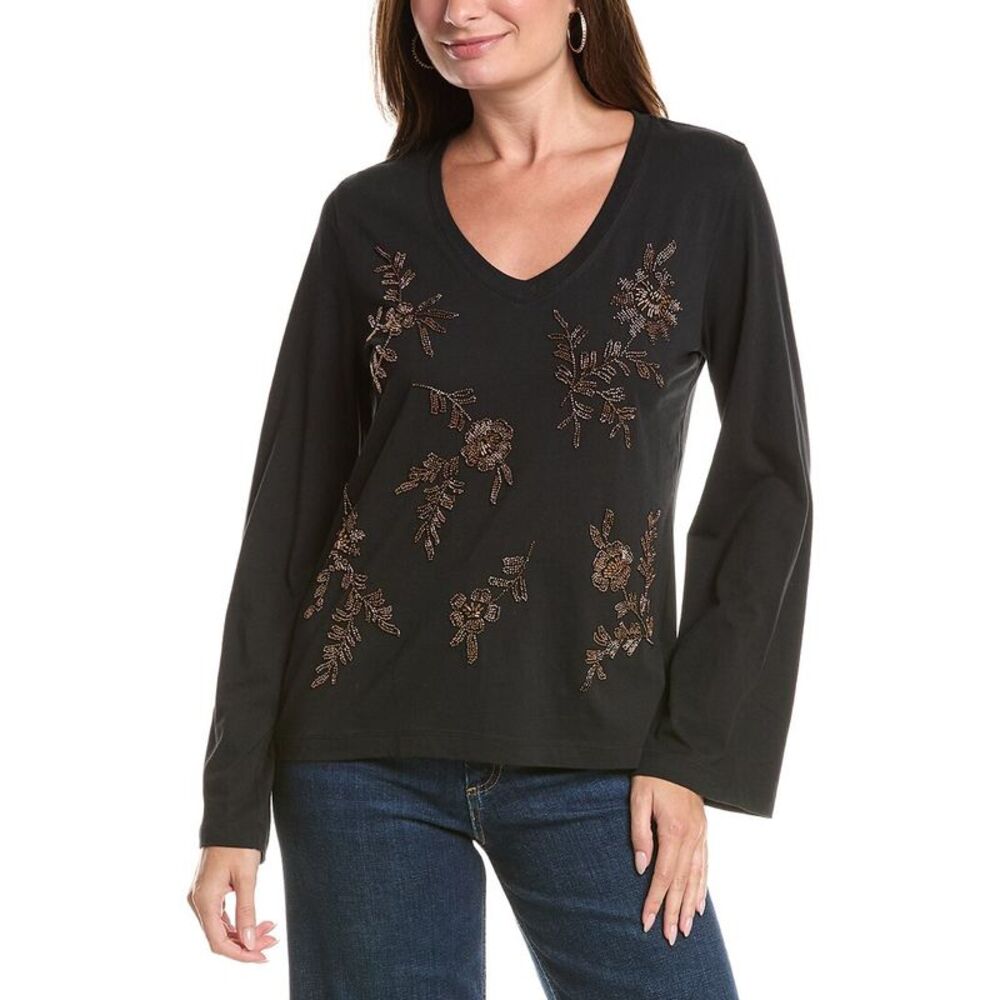 Johnny Was Womens Kimono Sleeve Beaded T-Shirt, Black
